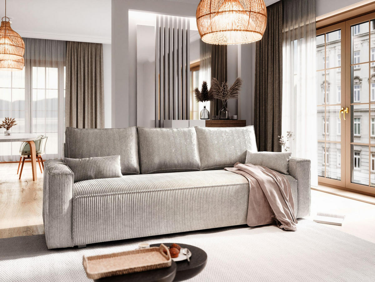 BETTSOFA MENI Creme Kordstoff mit Schlaffunktion - Creme, Textil (232/83/87cm) - MASSENO