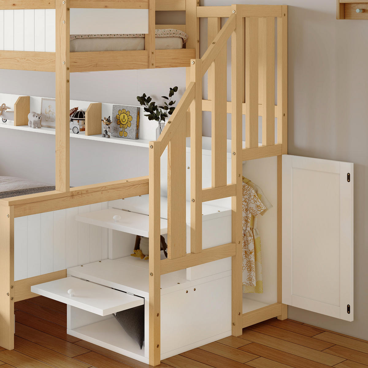 ETAGENBETT Etagenbett mit Rollbett Weiß/Natur - Naturfarben, Holz (90/200cm) - ComfortXL