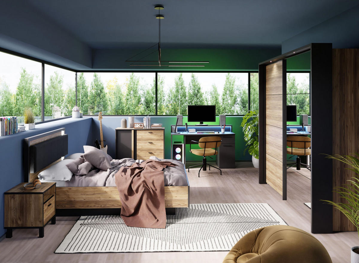 JUGENDZIMMER Hayato Gamingzimmer in Alpenfichte und Schwarz 7 teilig mit Gamingtisch - Braun, Holzwerkstoff (120/200/80cm)