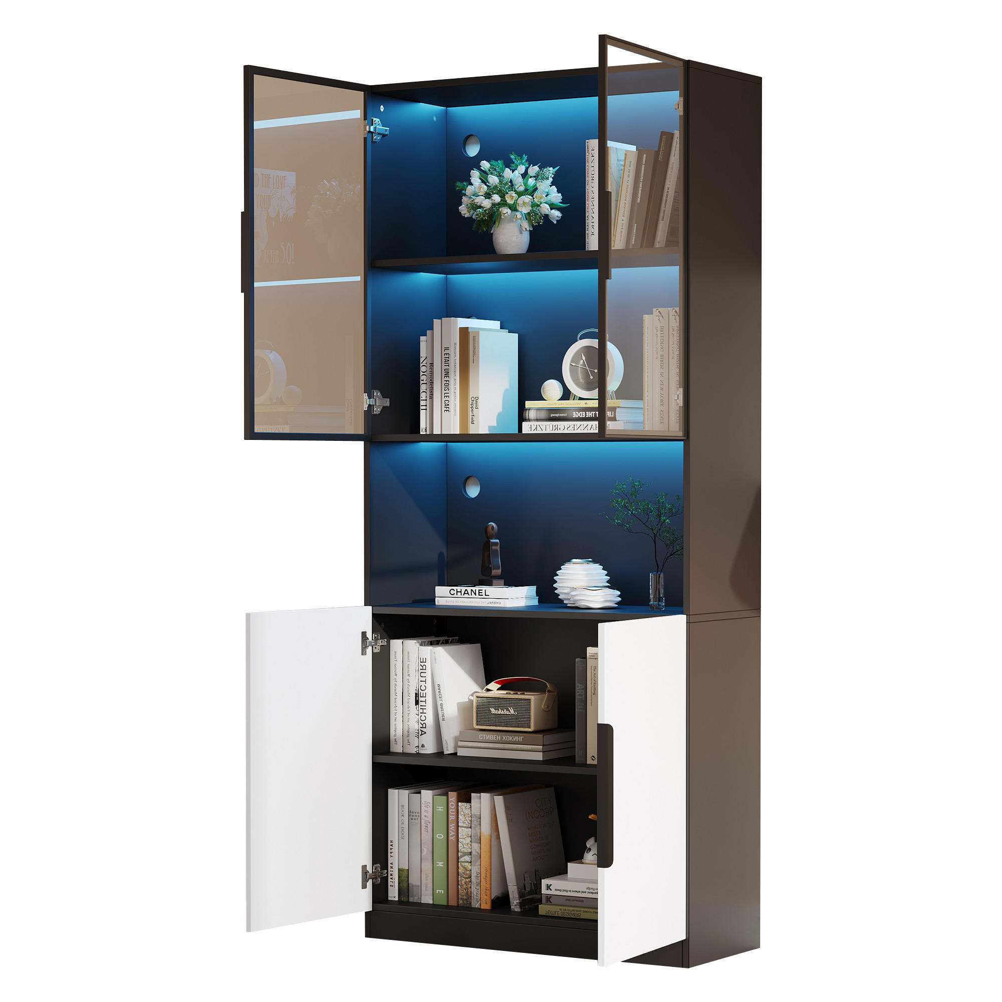 FLIEKS VITRÍNA LED 80x30x200cm Bílá Černá Sklo Nastavitelná