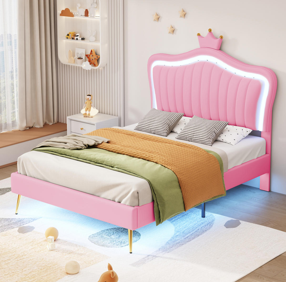 KINDERBETT 90/200 cm mit LED-Beleuchtung, verstellbarem Kopfteil und Muschel-Kronen-Design, Rosa - Pink, Textil (90/200cm) - Redom