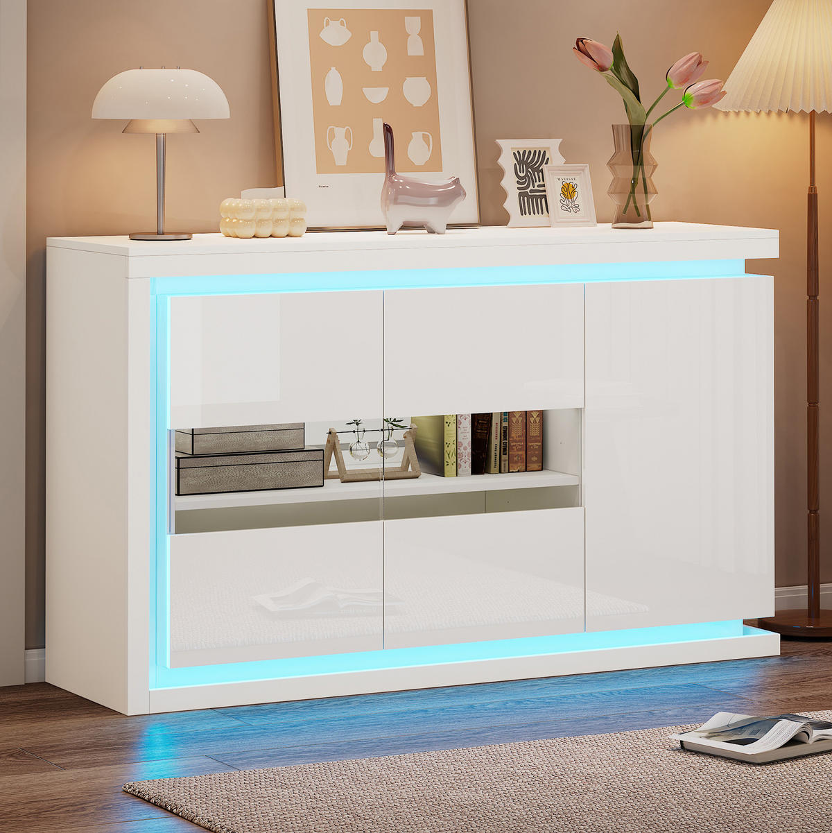SIDEBOARD 140/40/84 cm Weiß aus Spanplatte mit LED-Lichtleiste - Weiß, Holzwerkstoff (40/84/140cm) - OKMYHOME