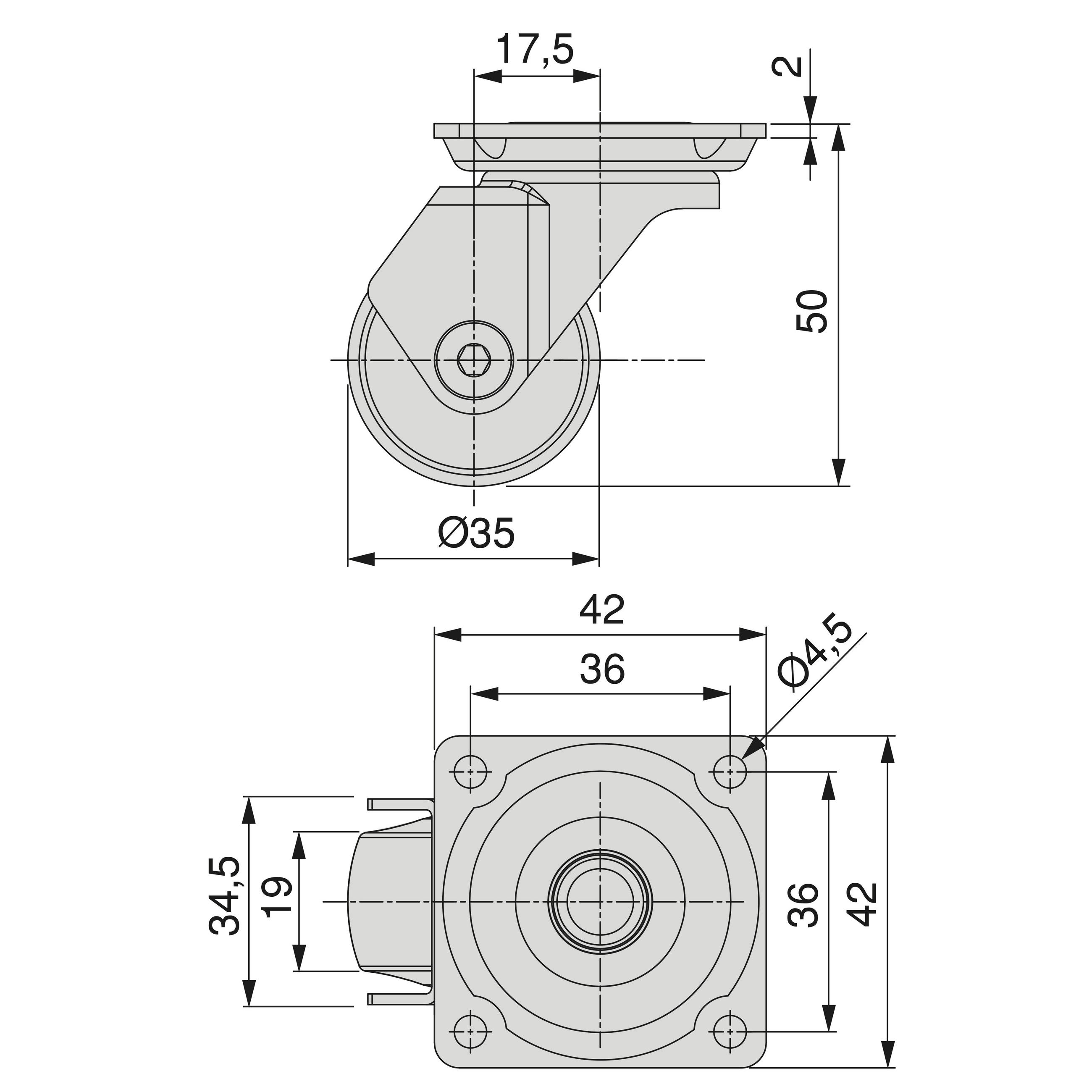 ROLLEN Slip 3 transparent, mit Montageplatte, Durchmesser 35mm, Stahl und Kunststoff 4er-set - Multicolor, Metall (4.2/5/4.2cm) - EMUCA