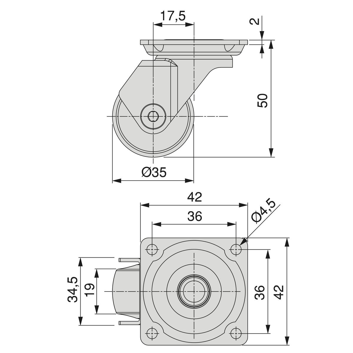 ROLLEN Slip 3 transparent, mit Montageplatte, Durchmesser 35mm, Stahl und Kunststoff 4er-set - Multicolor, Metall (4.2/5/4.2cm) - EMUCA