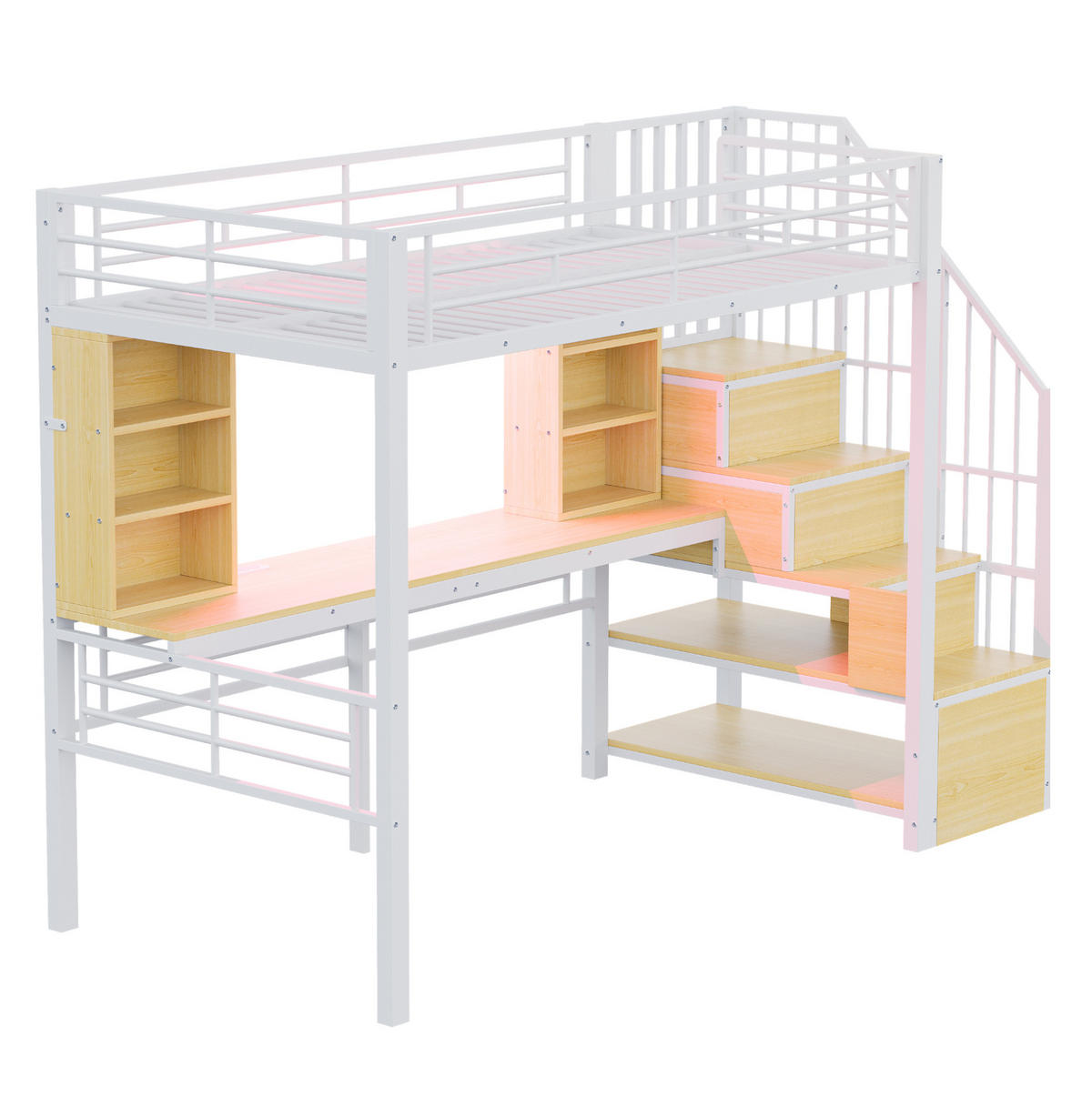 HOCHBETT 90/200 cm aus Metall und MDF mit Schreibtisch, LED und Stauraumtreppe, Weiß - Weiß, Holzwerkstoff (90/200cm) - Redom