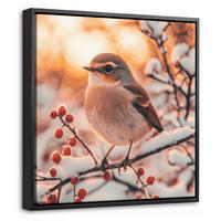 LEINWAND Bilder mit Rahmen - Vogel - Zweig - Winter - Tiere - Schnee - 20x20 - Bernsteinfarben, Textil (20/20cm) - MuchoWow