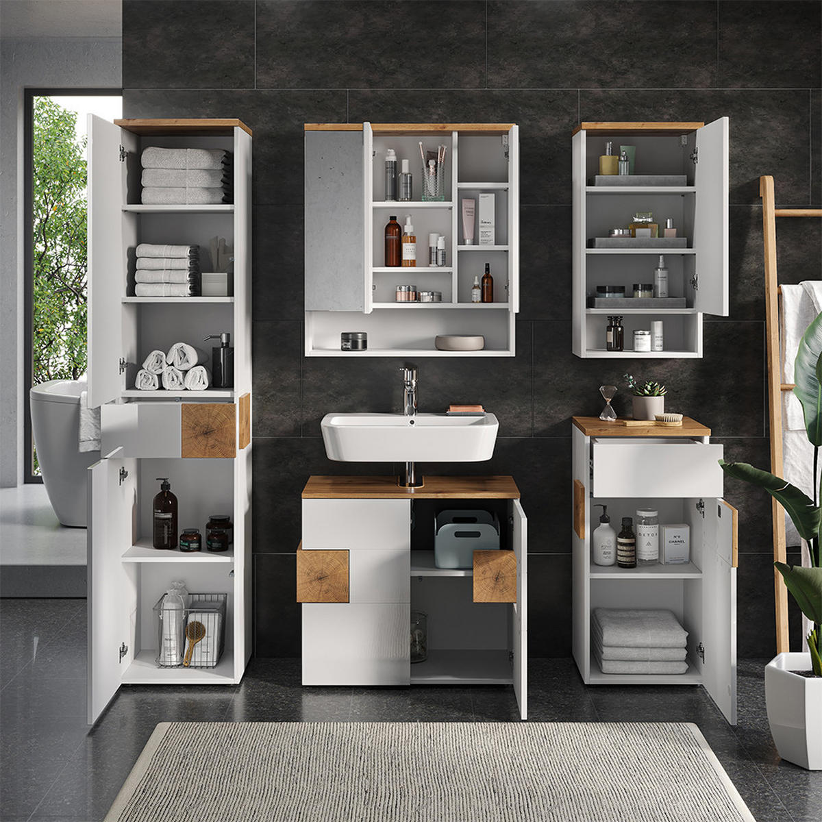 BADMÖBEL-SET Eden Weiß 5 Teile - Weiß Hochglanz, Holzwerkstoff (73/64/37cm) - Vicco