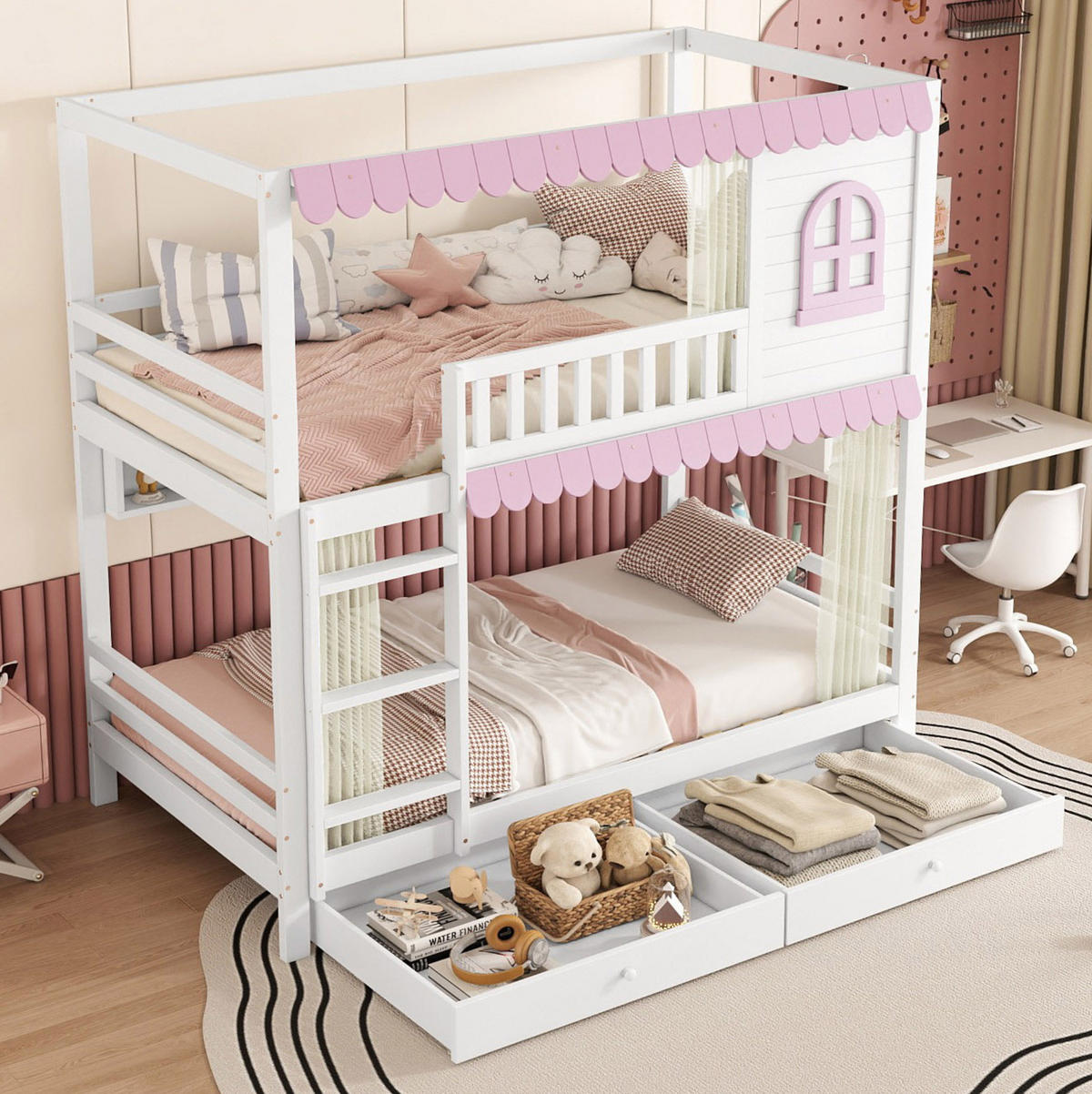 ETAGENBETT 90/200 cm mit Fallschutz, Fenster, Vorhängen, Regalen und 2 Schubladen, Weiß/Rosa - Weiß, Holzwerkstoff (90/200cm) - Redom