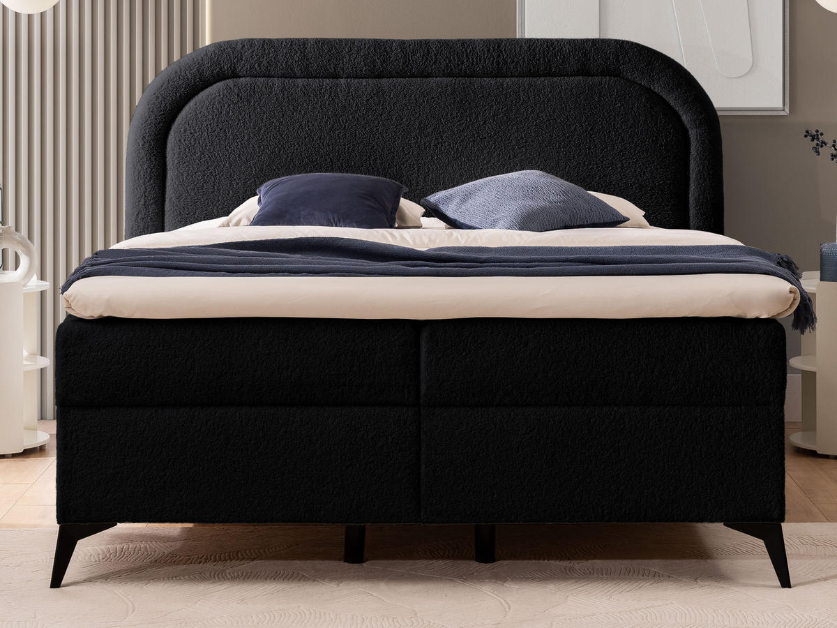BOXBETT Sonna 160/200 cm Schwarz Bouclé-Stoff mit abgerundetem Kopfteil und mit schwarzen Metallfüße - Schwarz, Holz/Textil (160/200cm) - S-Style Möbel