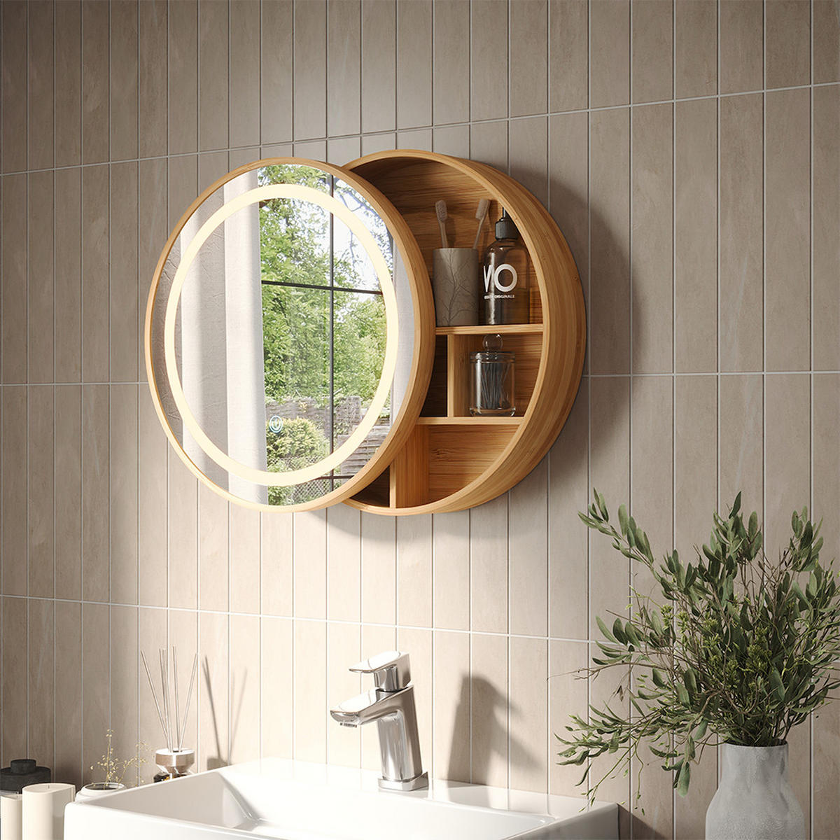 KOUPELNOVÁ ZRCADLOVÁ SKŘÍŇKA Silva Bambus 50 x 50 cm s 5 úložnými prostory - zelená barva, sklo (50/50/13cm) - Vicco