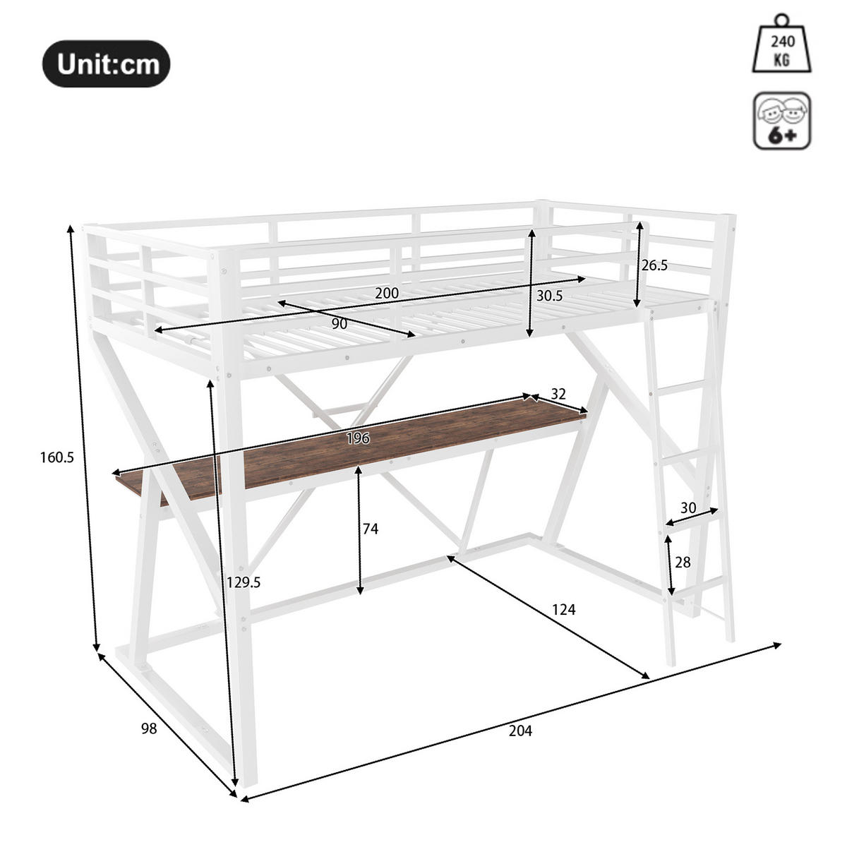 HOCHBETT 90/200 cm in Weiß mit Schreibtisch, Treppe und LED-Beleuchtung - Weiß, Metall (90/200cm) - Flora Grace