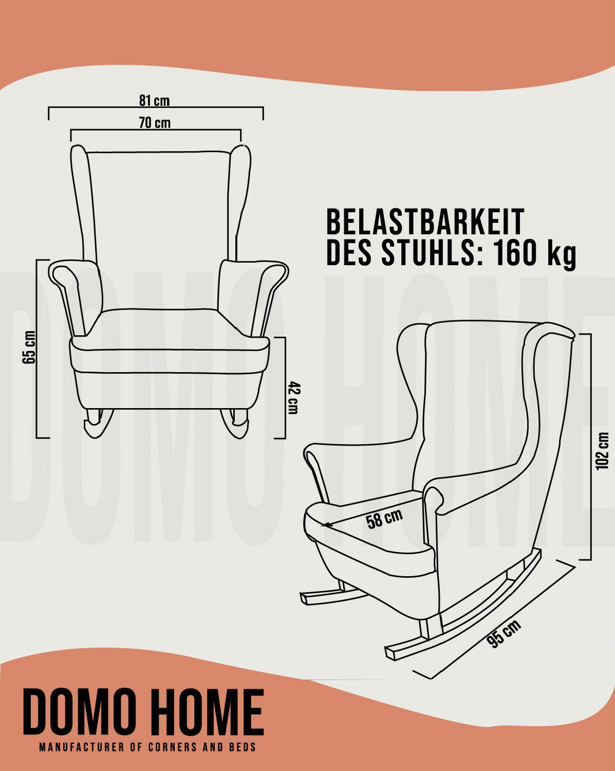 SCHAUKELSESSEL mit gepolstertem Sitz und Armlehnen, 102x81x95 cm, Orange_29823 - Braun/Kupferfarben, Holz/Textil (81/102/95cm) - DomoHome