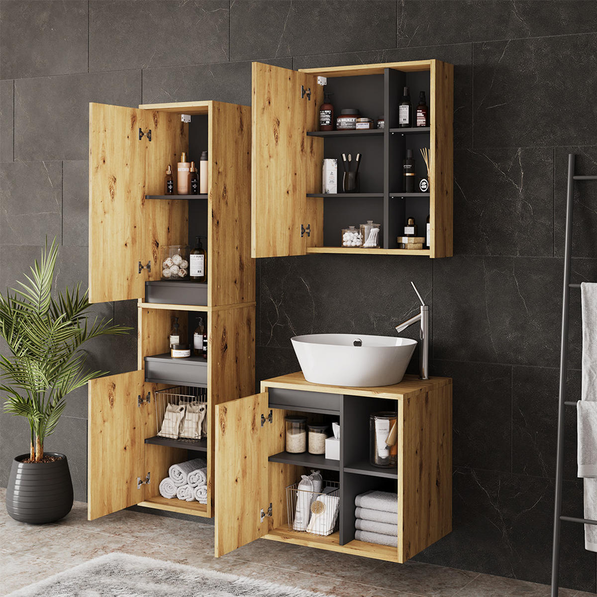 SADA KOUPELNOVÉHO NÁBYTKU Viola Artisan/šedá - šedá/světle šedá, kompozitní dřevo (60/60/45.5cm) - Vicco