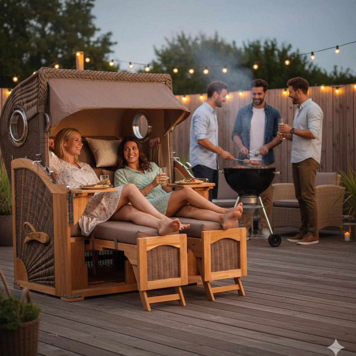 STRANDKORB Düne 2 Sitzer Teak PE Grey - Taupe/Braun, Holz/Metall (125/170/80cm) - Mr. Deko