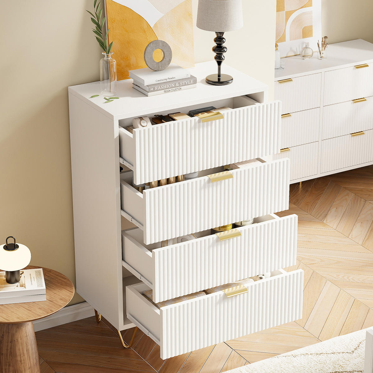 KOMMODE mit Schublanden, 60 x 34 x 91 cm,Schrank mit 4 Schubladen Weiß - Weiß, Holz (34/91/60cm)