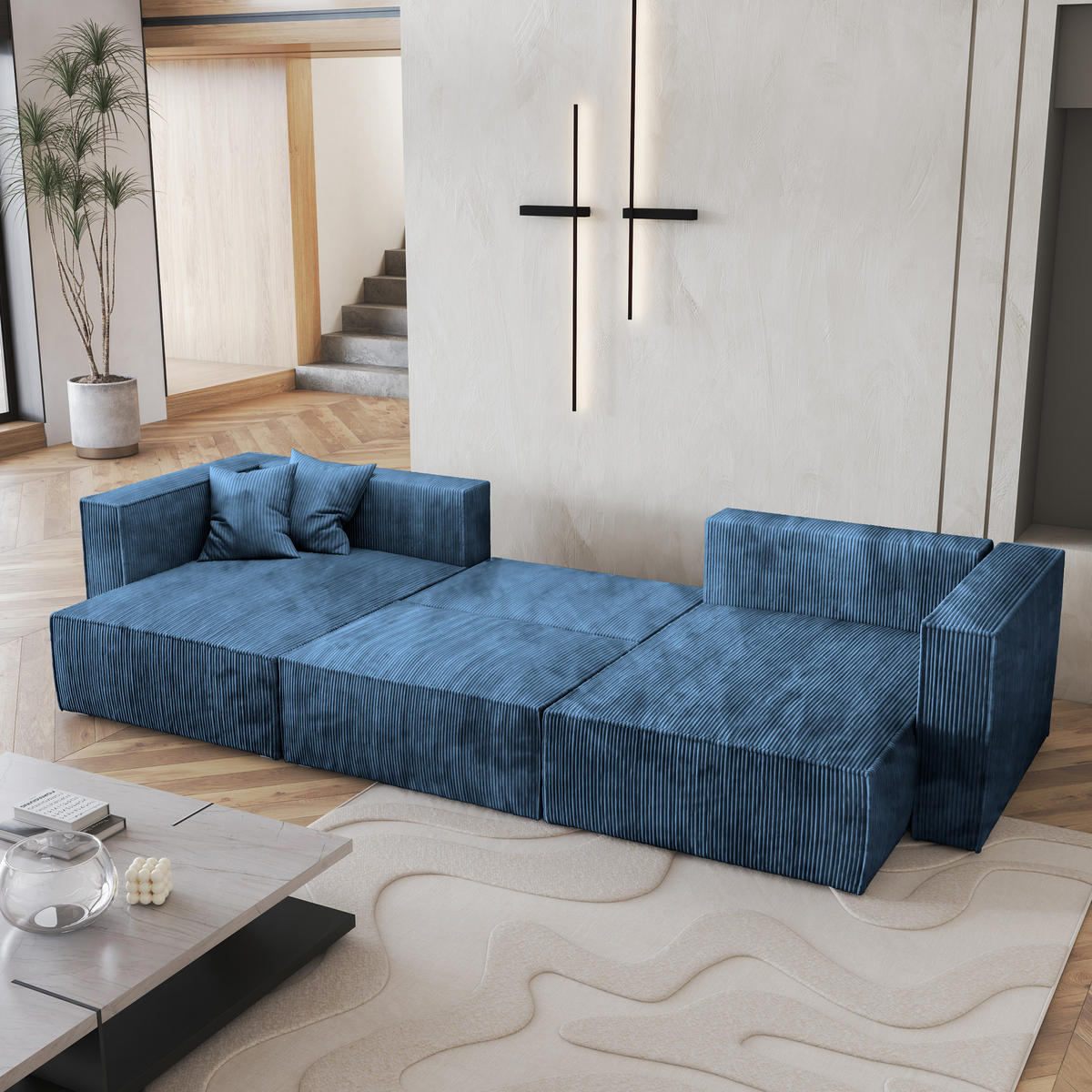 WOHNLANDSCHAFT SARMO P Blau Kordstoff mit Schlaffunktion - Blau, Holz (347/70/148cm) - MASSENO