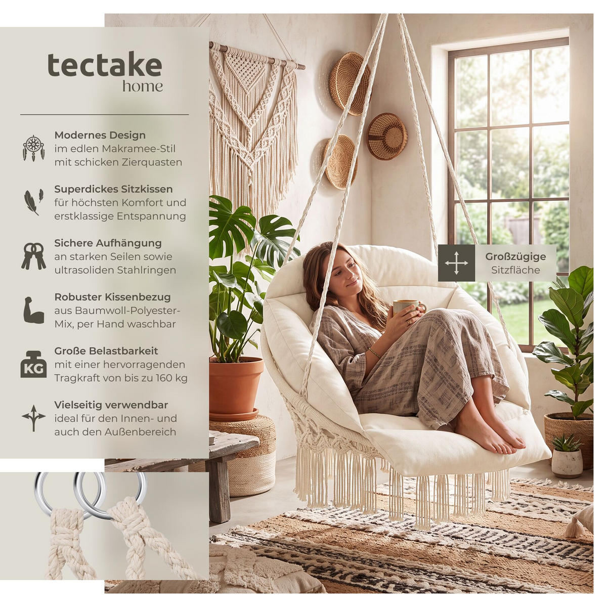 HÄNGESESSEL Samira, 80 x 81 x 139 cm, beige - Beige, Kunststoff (80/139/81cm) - tectake