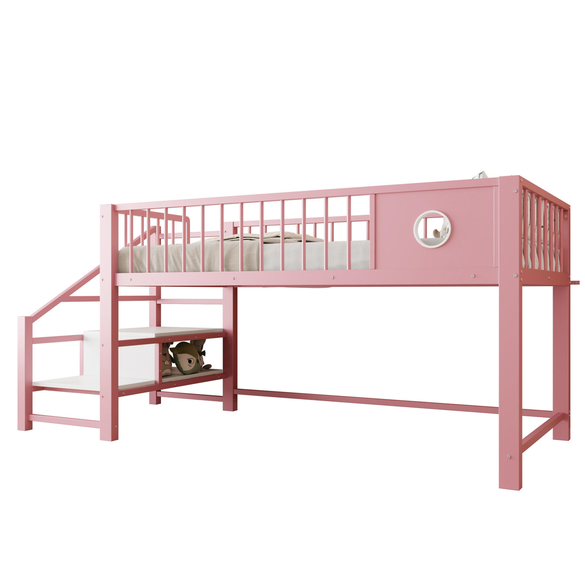 HOCHBETT 90/200 cm aus Metall und MDF mit Stauraumleiter Rosa - Pink, Metall (90/200cm) - Modenvie