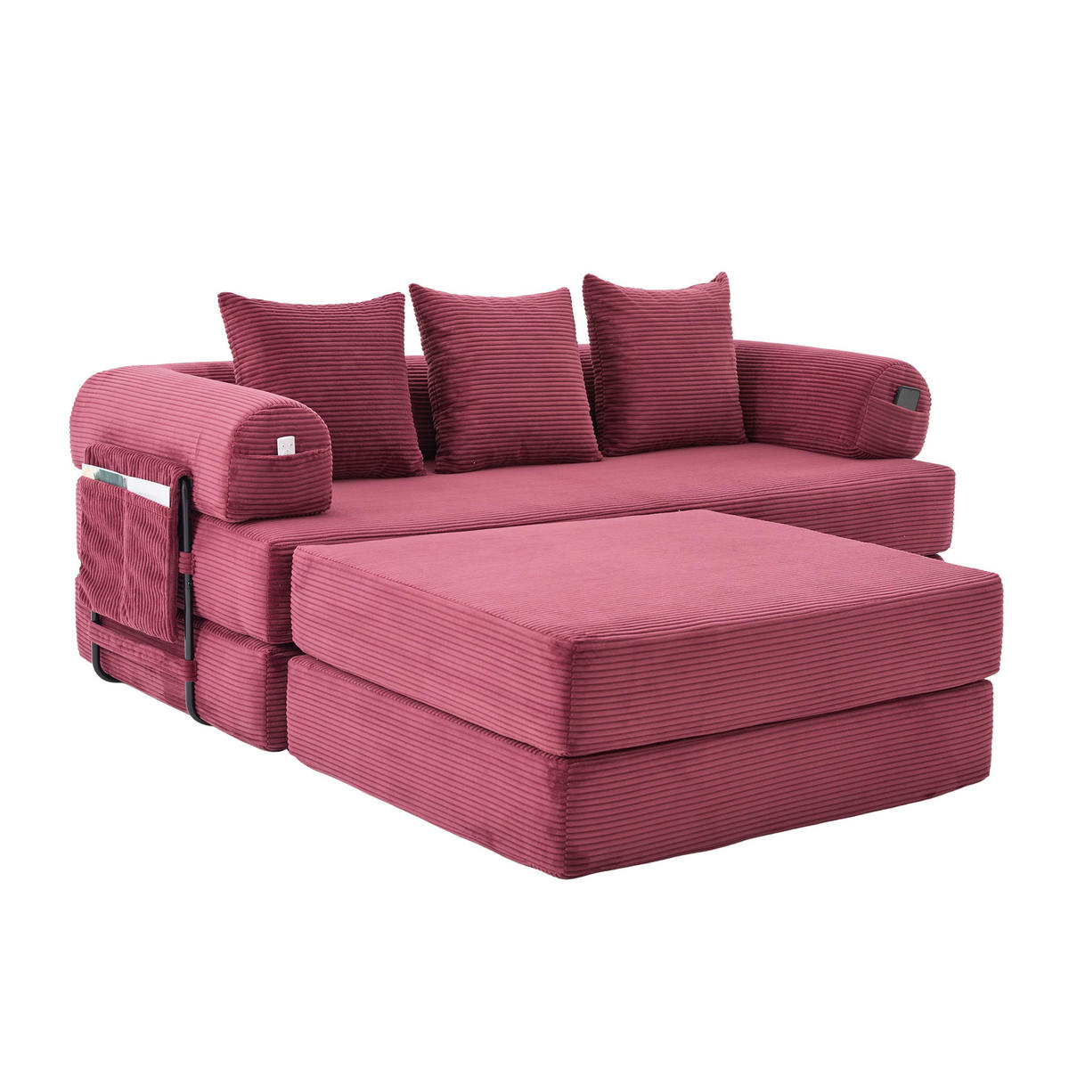ECKSOFA DE-33795 modular mit 3 Kissen und Hocker Bordeauxrot - Weinrot, Metall (200/190cm) - ComfortXL