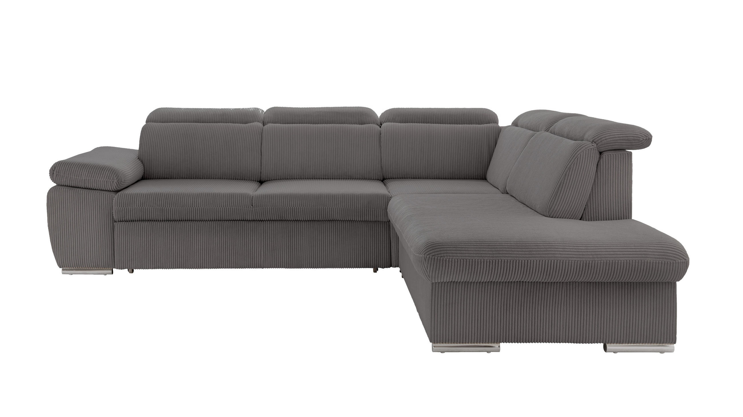 ECKSOFA mit Schlaffunktion, Bettkasten, Kopfstützen verstellbar, Wellenunterfederung, Ottomane rechts B283/T228/H102 cm, Cord Grau Anthrazit / 17217 - Chromfarben/Schieferfarben, Textil/Metall (283/228cm) - luma-home