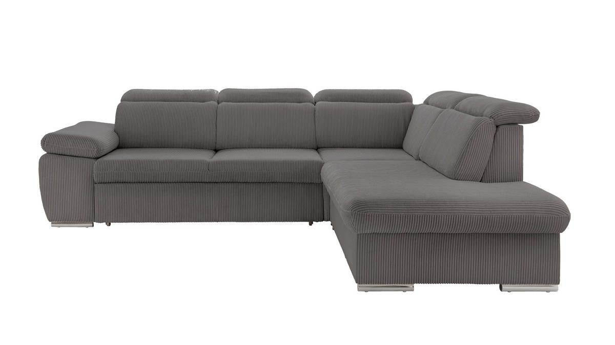 ECKSOFA mit Schlaffunktion, Bettkasten, Kopfstützen verstellbar, Wellenunterfederung, Ottomane rechts B283/T228/H102 cm, Cord Grau Anthrazit / 17217 - Chromfarben/Schieferfarben, Textil/Metall (283/228cm) - luma-home