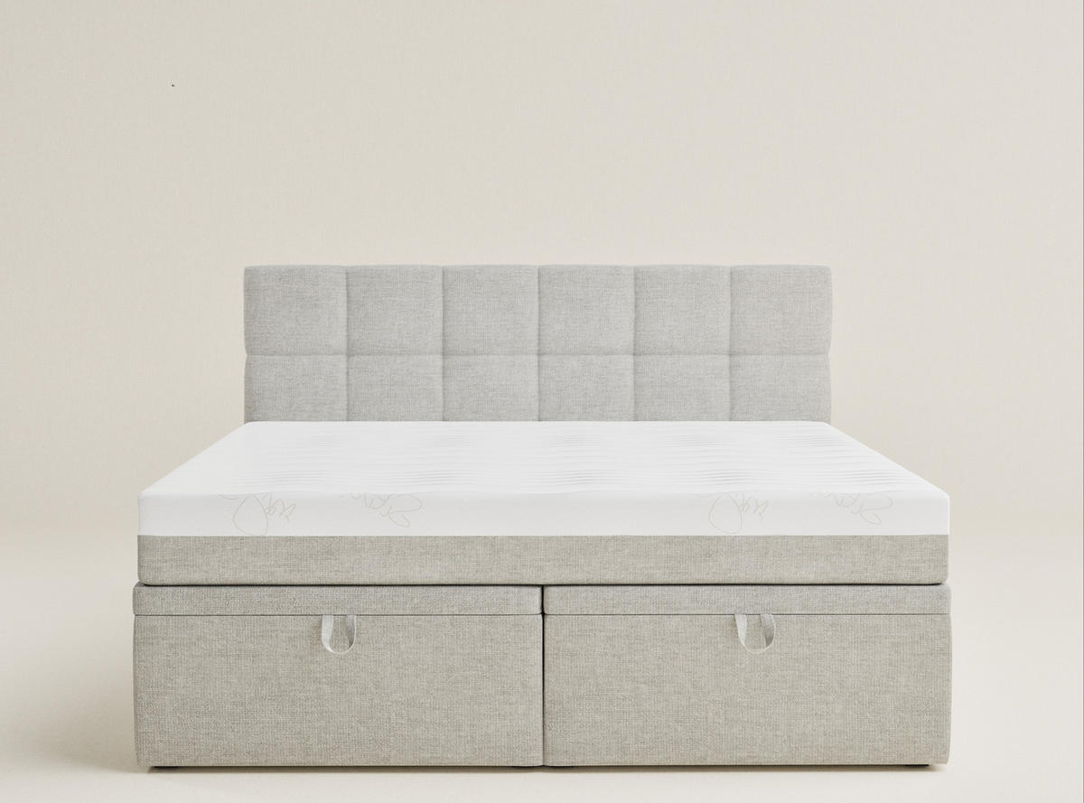 BOXBETT 160/200 cm Gotu S, in Hellgrau, Matratze, gepolstertes Kopfteil, Bettkasten, H3 = fest - Hellgrau/Schwarz, Holz/Holzwerkstoff (160/200cm) - Maison de Reve