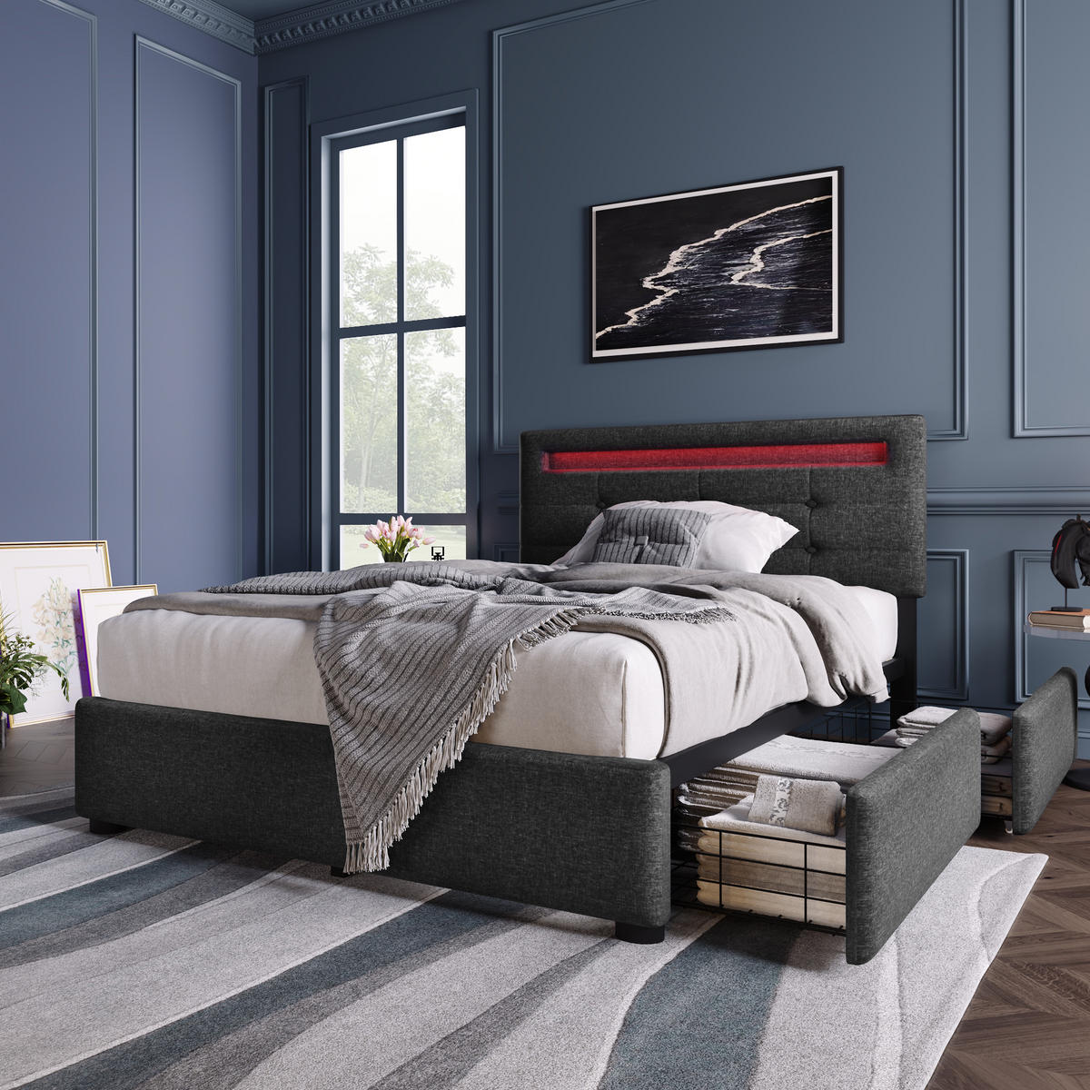 POLSTERBETT 90/200 cm Grau mit LED-Beleuchtung und höhenverstellbarem Kopfteil - Grau, Textil (90/200cm) - OKWISH