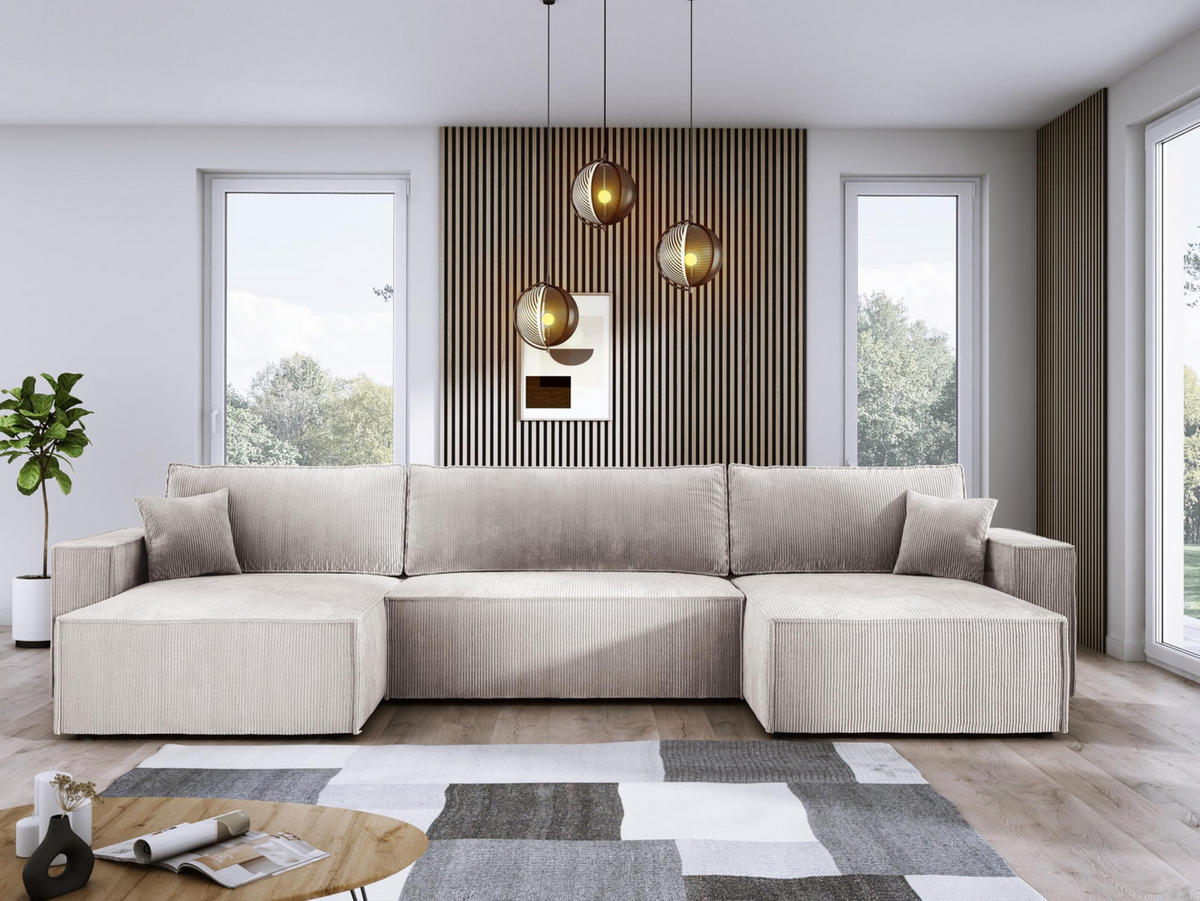 ECKSOFA Poso XXL U-förm, Schlaffunktion, weiche Kissen, Bettkasten, hochwertige Polsterung, lose Rückenkissen, freistehend, 377x143x83 cm White - Weiß, Holz/Textil (377/83/143cm) - DomoHome