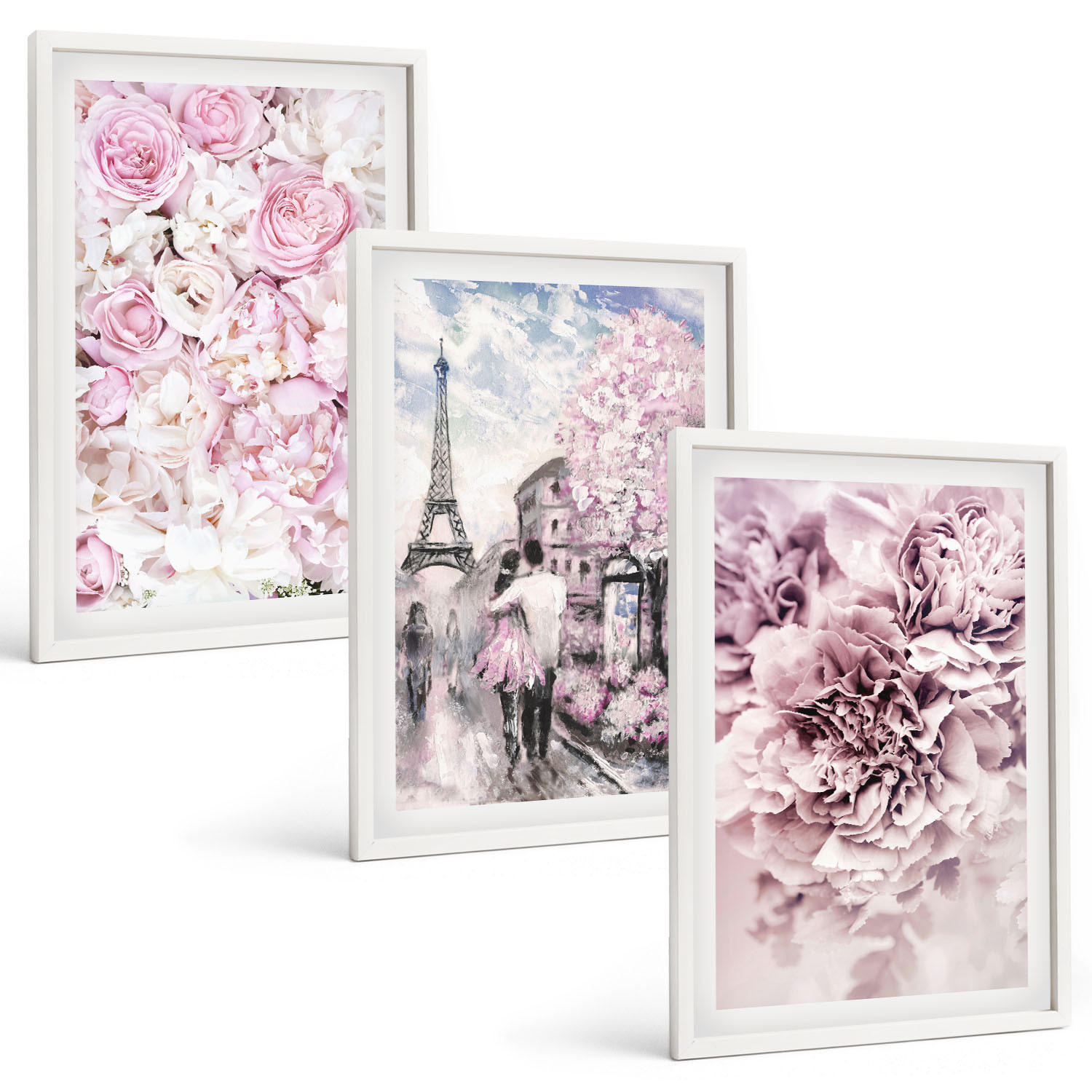BILDER SET 3er Set - 40x60 cm Weißer Rahmen - Blumenlandschaft in Rosatönen - Weiß, Kunststoff (40/60cm) - TULUP