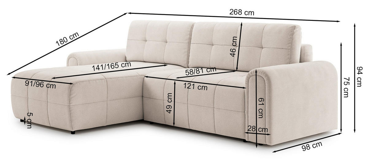 ECKSOFA Simolla Grau links - Schwarz/Grau, Kunststoff/Textil (268/180cm) - Selsey