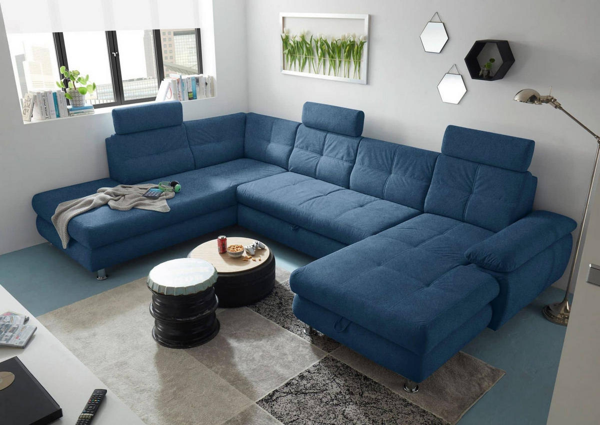 WOHNLANDSCHAFT mit Schlaffunktion, Bettkasten und verstellbaren Arm- und Kopflehnen - Chromfarben/Blau, Textil/Metall (349/88/233cm) - ed exciting design