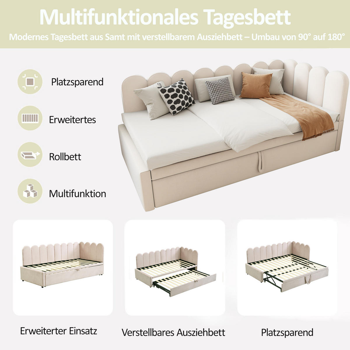 POLSTERBETT 90/180×200 cm in Beige mit Samtbezug und L-Form - Beige, Textil (180/200cm) - Flora Grace