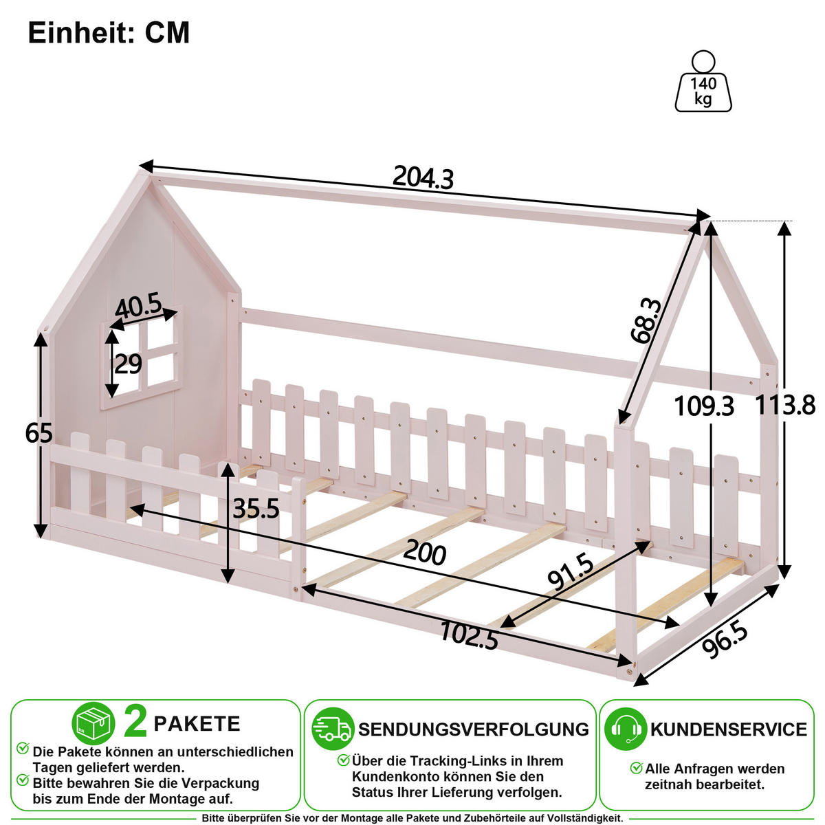 KINDERBETT 90/200 cm in Rosa Hausform aus Kiefer und MDF - Rosa, Holz/Holzwerkstoff (90/200cm) - CHICFURN