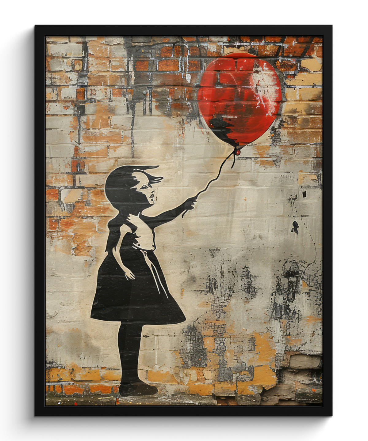 GERAHMTES BILD Graffiti - Banksy - Mädchen - Straßenkunst 60x80 cm - Sandfarben, Papier (60/80cm) - MuchoWow
