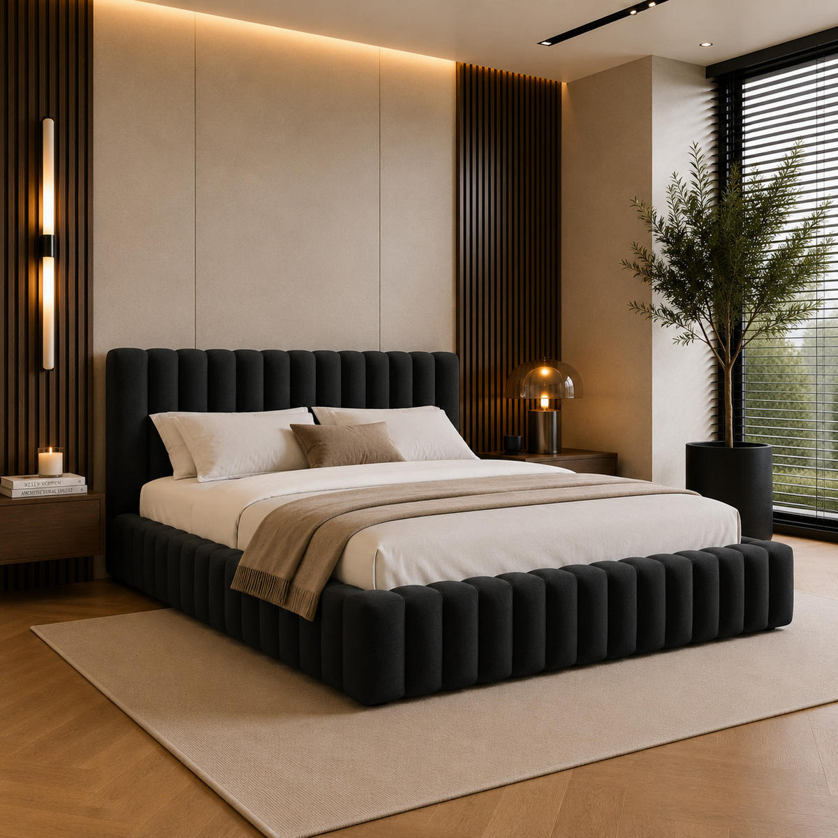 POLSTERBETT BLIVIO 180x200 cm,mit Bettkasten,Lattenrost,Doppelbett,Boxspringbett-Optik-Schwarz - Schwarz, Holz (180/200cm) - Furnistar