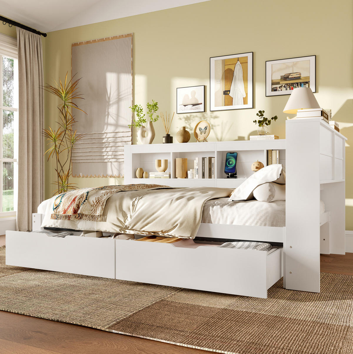 POLSTERBETT 140/200 cm mit 2 Schubladen, Ablagefächern, Steckdose und 2 USB-Anschlüssen, Weiß - Weiß, Holzwerkstoff (140/200cm) - Redom