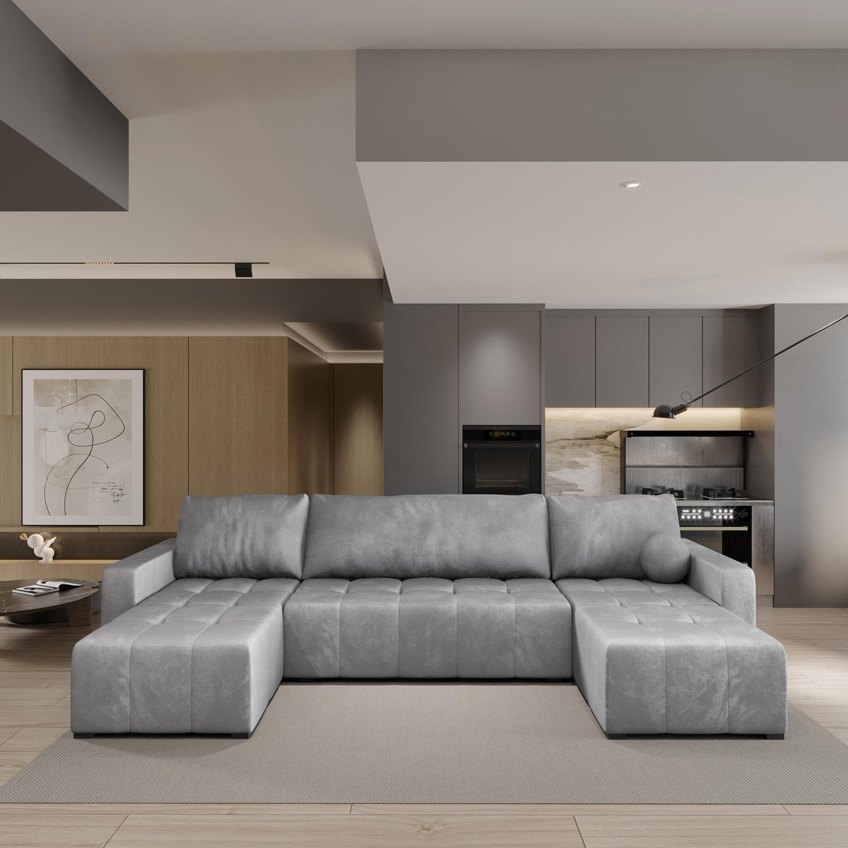 ROHOVÁ SEDAČKA TOLARI světle šedá - šedá/světle šedá, dřevo/textil (295/140cm) - MASSENO