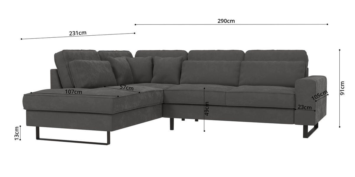 ECKSOFA Zuri Grau Samt - Schwarz/Grau, Holz/Kunststoff (290/231cm) - S-Style Möbel