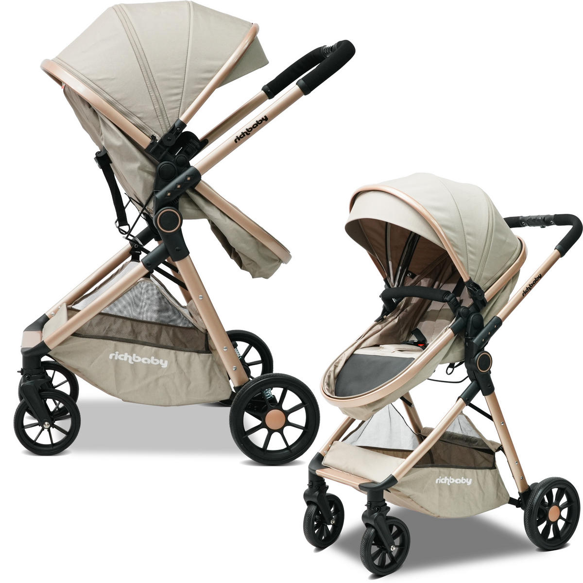 BUGGY Kombikinderwagen 0-36 Monate 2-in-1 Umbaubar Zu Babywanne Kompakt Faltbar - Creme, Metall (80/62/103cm) - Raelunyi