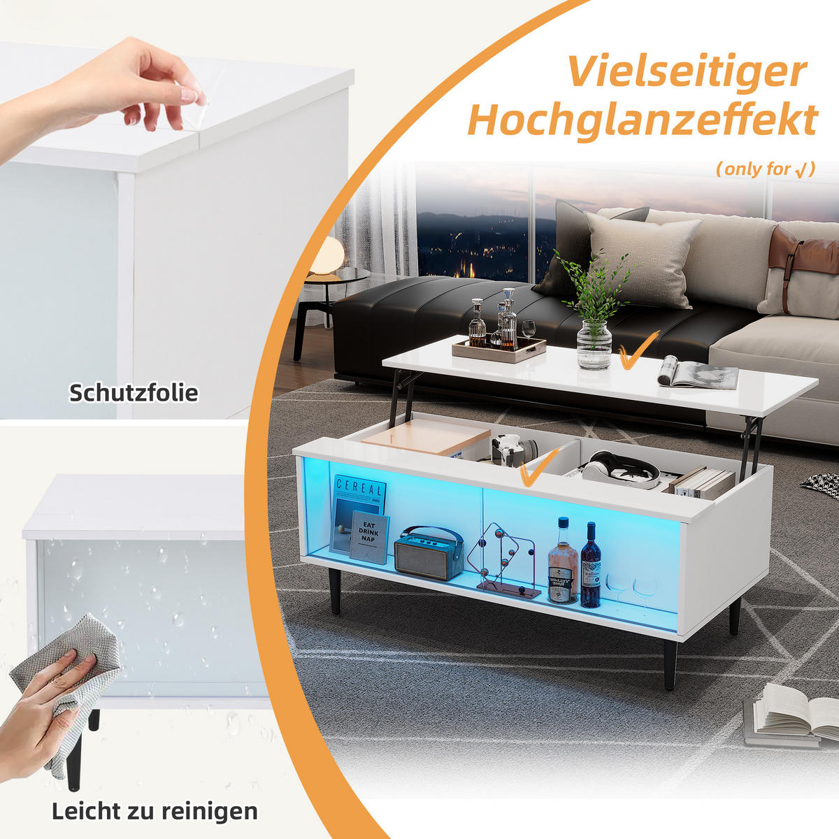 COUCHTISCH Weiß 105/50/43 cm mit Hebefunktion, Glasfront und LED-Beleuchtung - Weiß, Holzwerkstoff (50/105/43cm) - PANGIVO