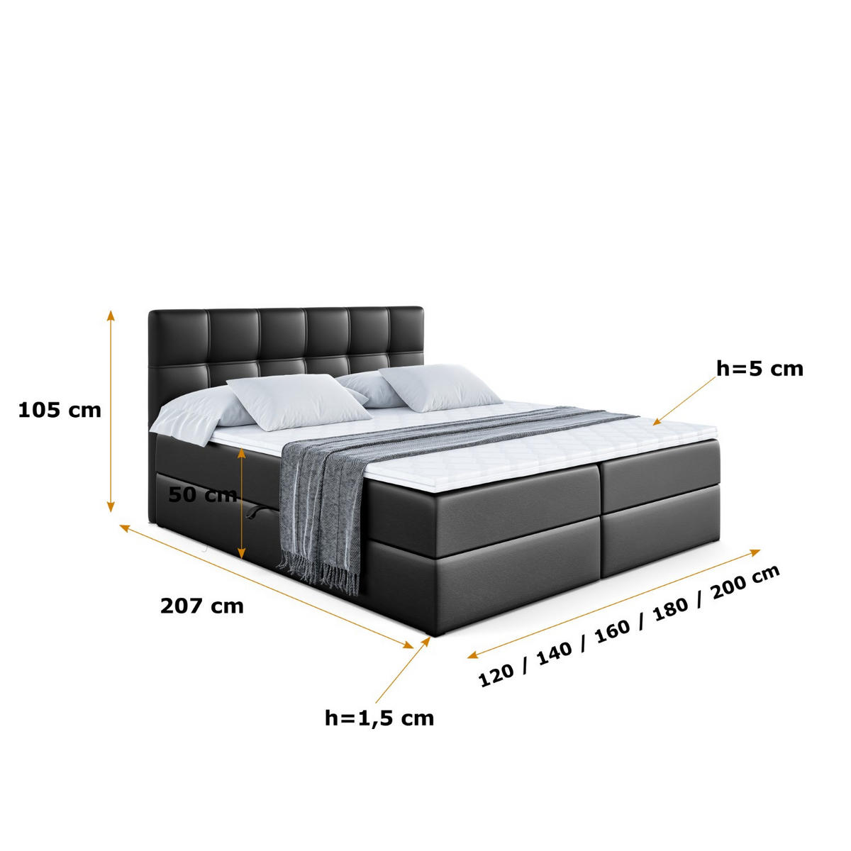 BOXBETT mit Matratze H4 und Lattenrost - MARCE - 160 x 200 cm - Schwarz - Schwarz Hochglanz, Holzwerkstoff (160/200cm) - ALTDECOR