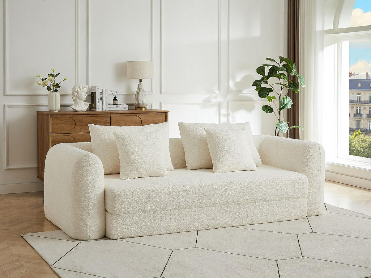 3-SITZER Schlafsofa als Chaiselongue, Bouclé-Stoff Beige – CATONO - Beige, Textil (240/87/111cm) - Vente-Unique