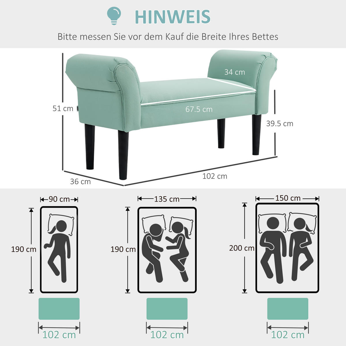BETTBANK, Polsterbank, Sitzbank, Flurbank für Schlafzimmer, bis 130 kg Grün - Grün, Kunststoff (36/51/102cm) - HOMCOM