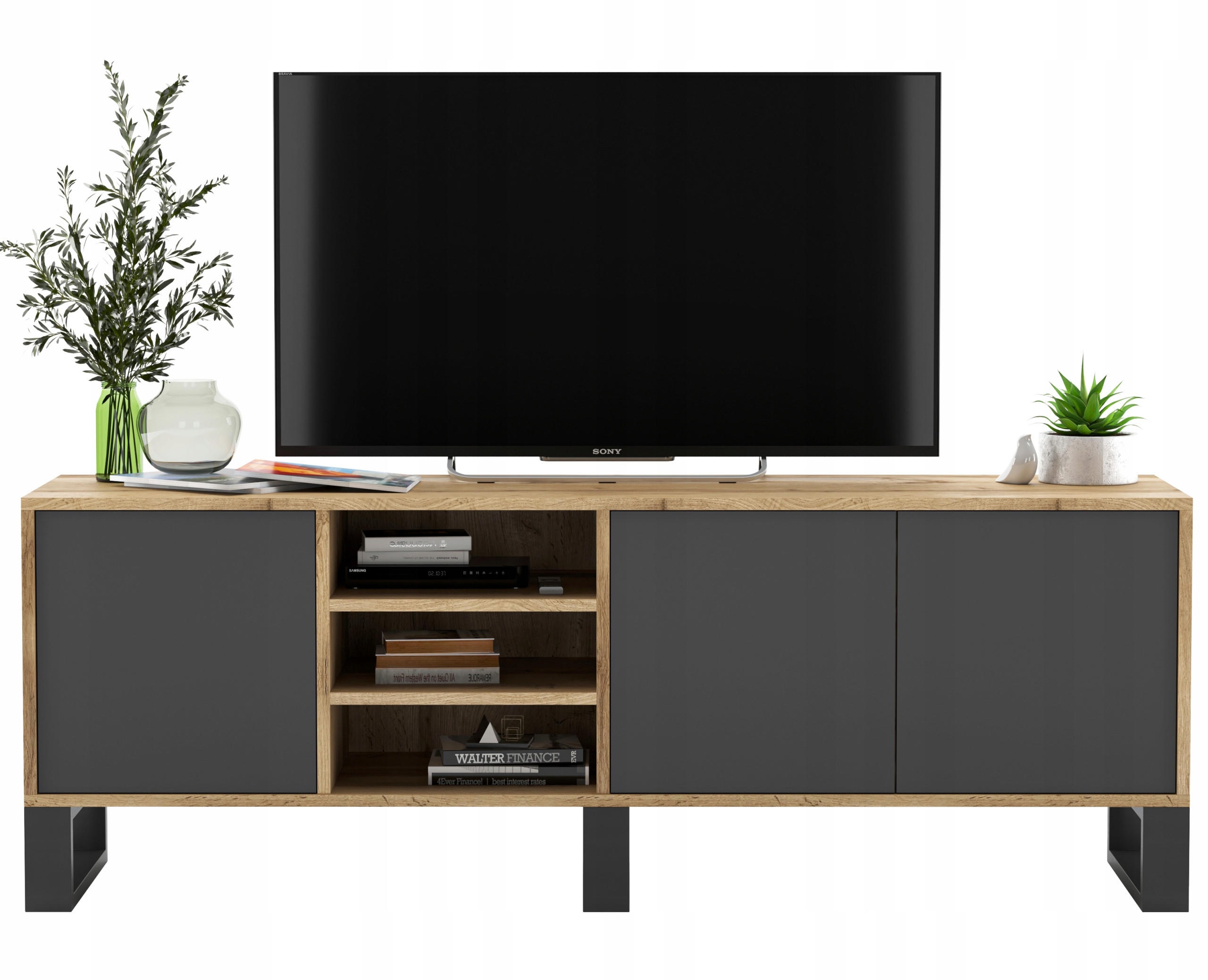 Meble Lindner TV stolek Apollo dub Wotan / grafit matný 150 cm s kovovými nohami