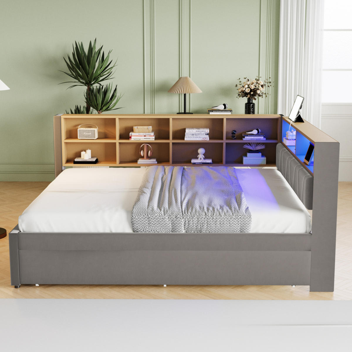 BETT 140/200 cm Dunkelgrau aus Flanell mit Bett, LED und Stauraum - Dunkelgrau, Textil (140/200cm) - OKMYHOME