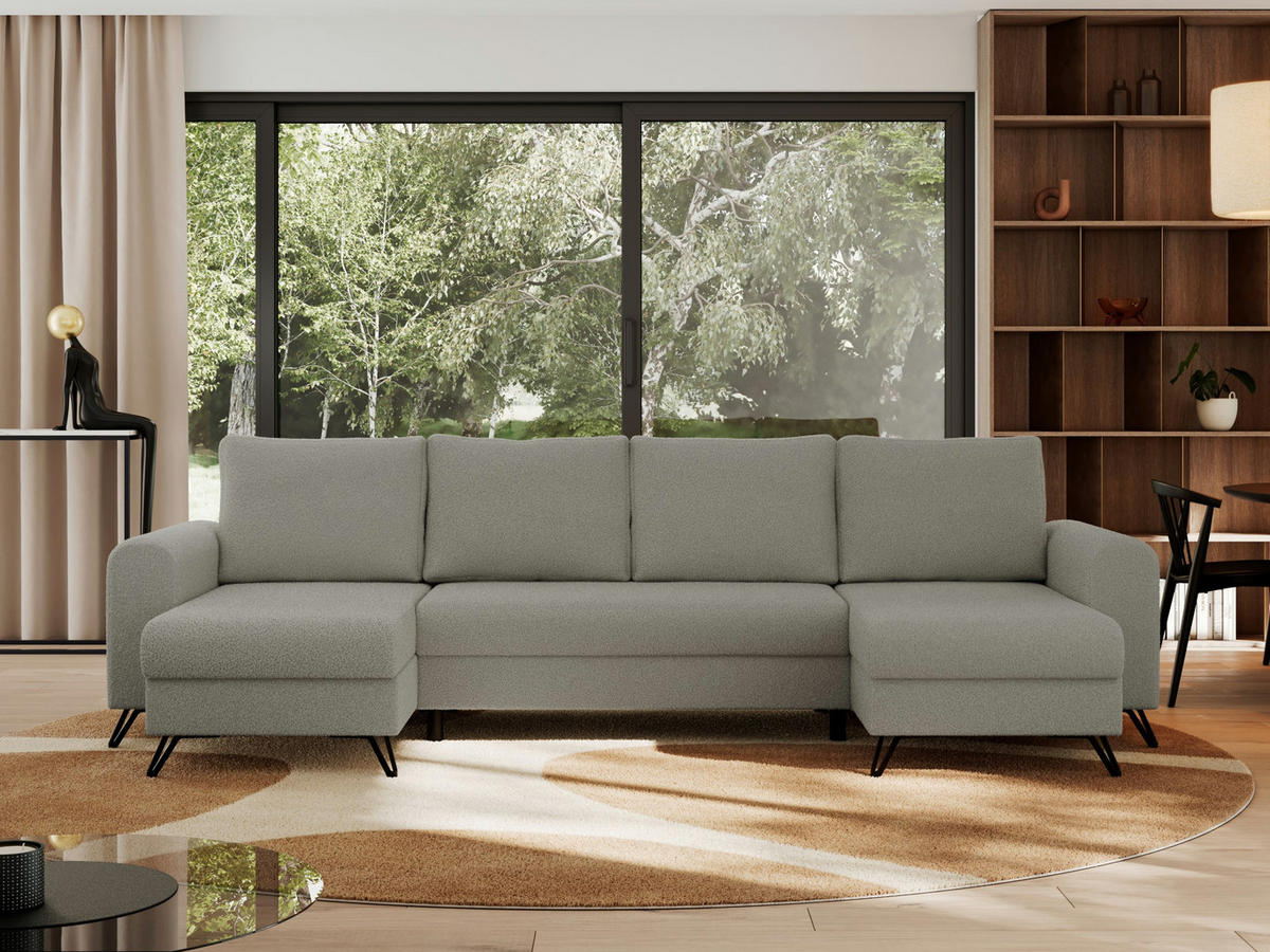 WOHNLANDSCHAFT AXEL U Boucle Hellgrau - Hellgrau/Schwarz, Textil/Metall (312/90/140cm) - MKS