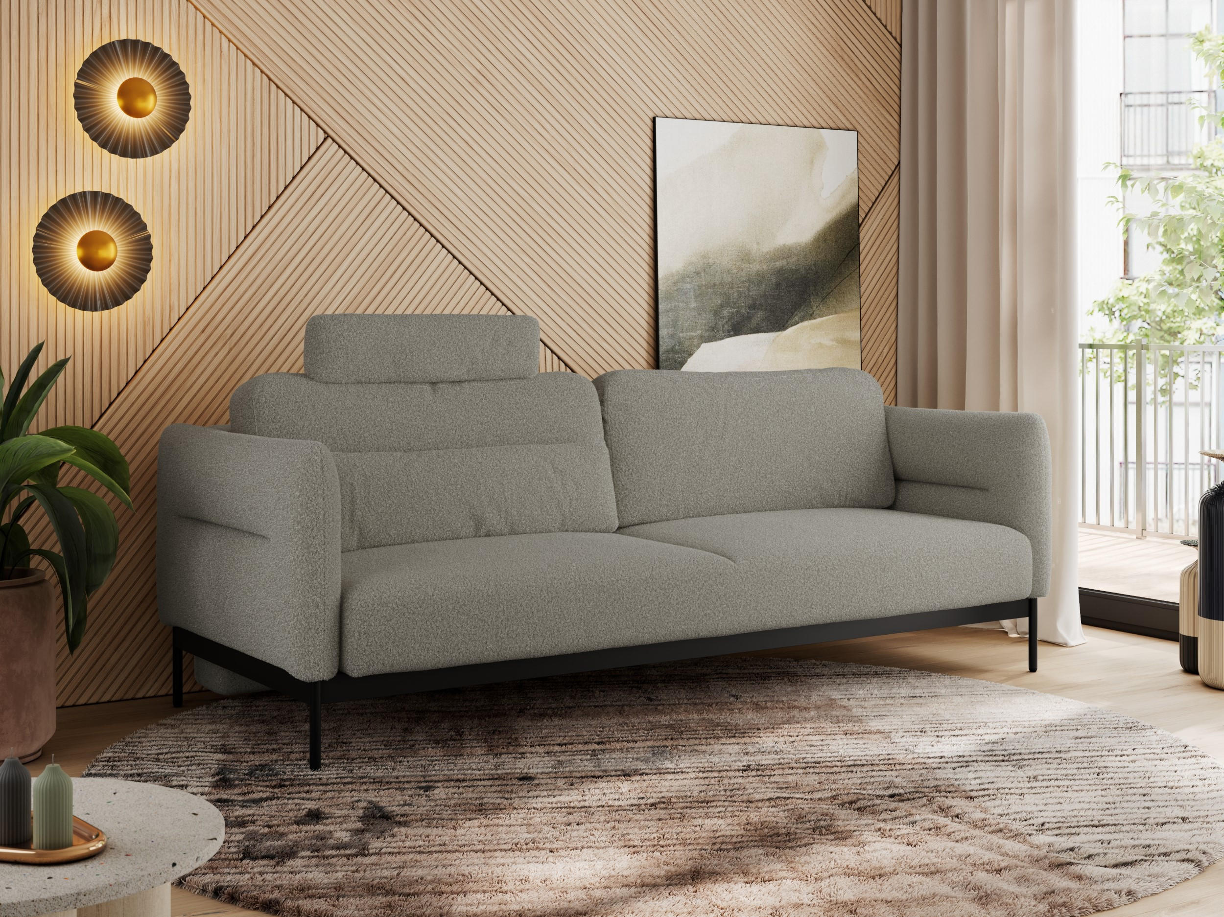 SOFA SALENTO Hellgrau Boucle - Hellgrau/Schwarz, Textil/Metall (221/82/101cm) - MKS