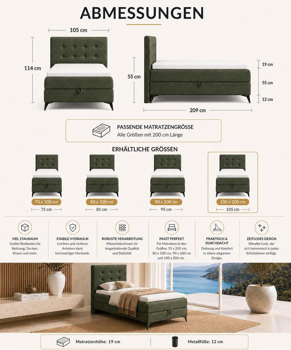 BOXBETT K15 Single SLIM mit Bettkasten & Bonell-Federkern ohne Topper - Olivgrün, Holz/Textil (200/100cm) - Best For Home