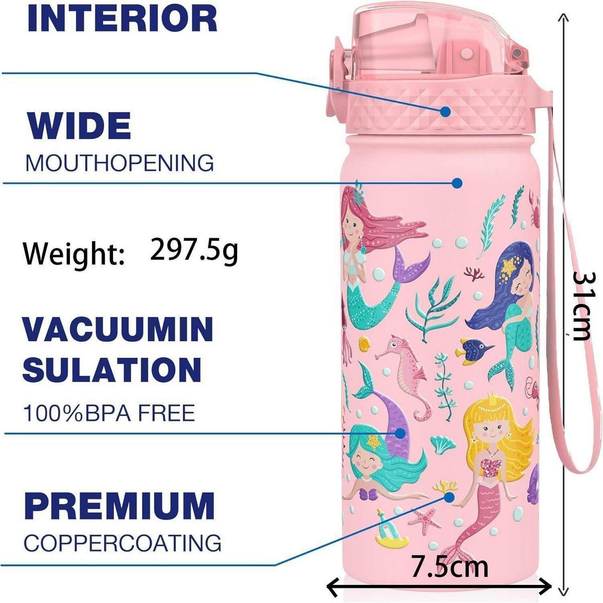 TRINKFLASCHE Kinder 550 ml Edelstahl mit Strohhalm und auslaufsicherem Deckel Rosa Meerjungfrau - Rosa, Metall (7.5/7.5cm)
