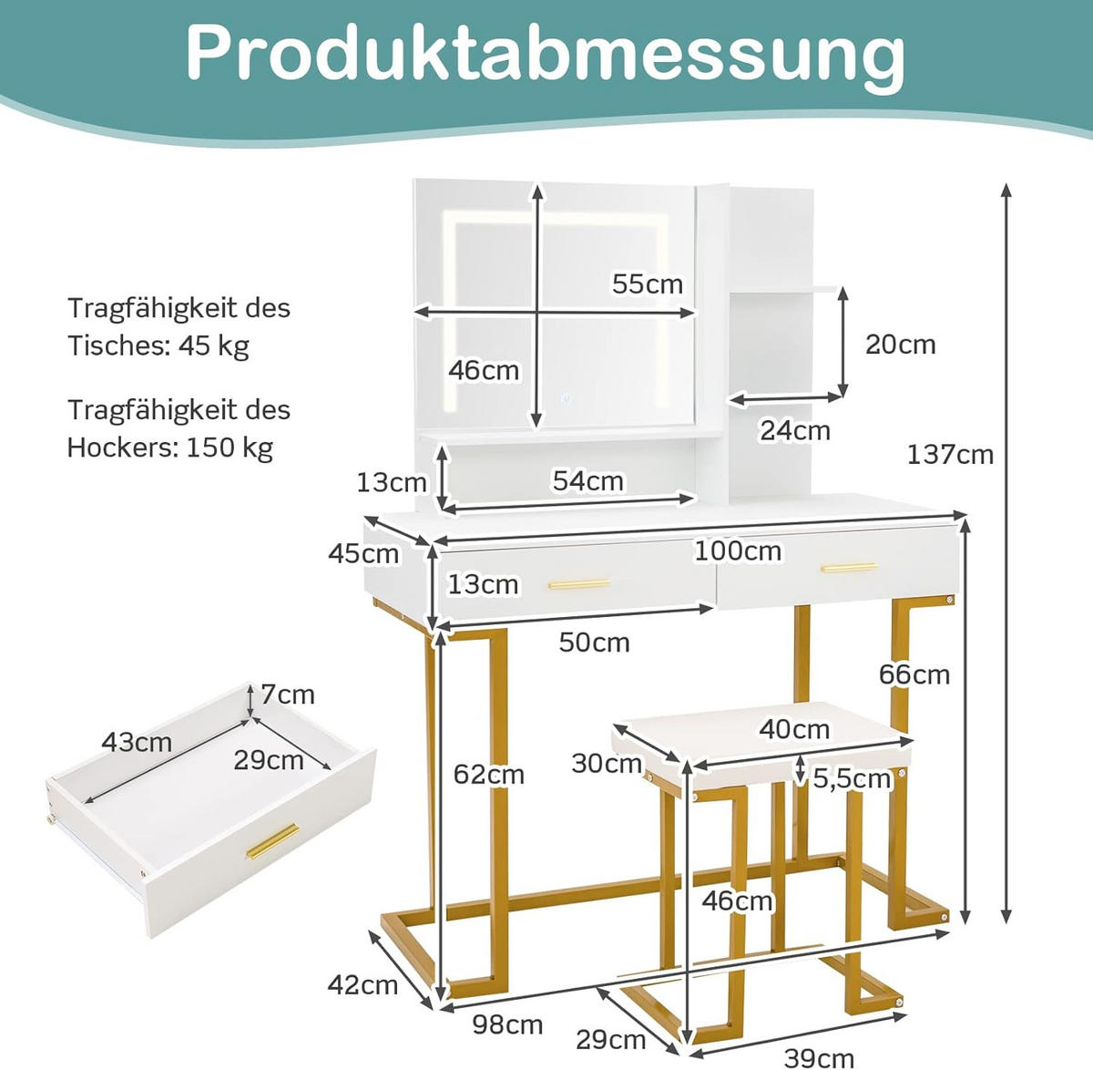 SCHMINKTISCH mit LED Beleuchtung Weiß - Weiß, Holz (45/137/100cm) - COSTWAY